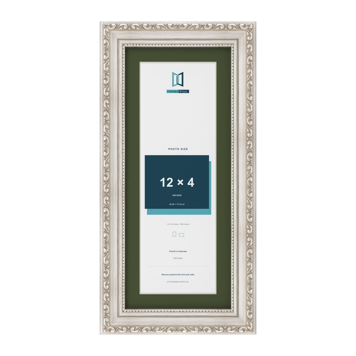 Louis Silver 14 x 6 inch picture frame with a green mount for a 12 x 4 inch photo