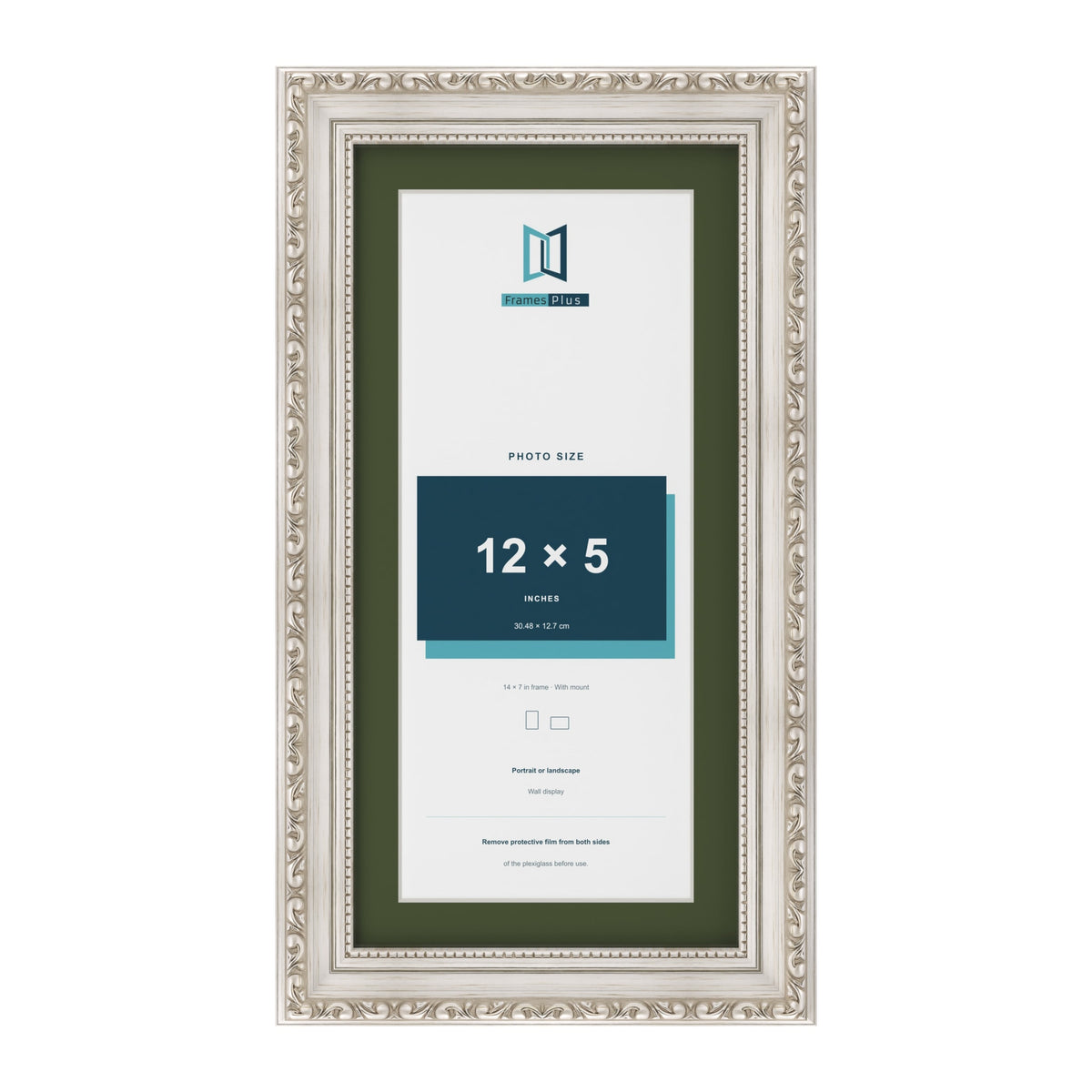 Louis Silver 14 x 7 inch picture frame with a green mount for a 12 x 5 inch photo