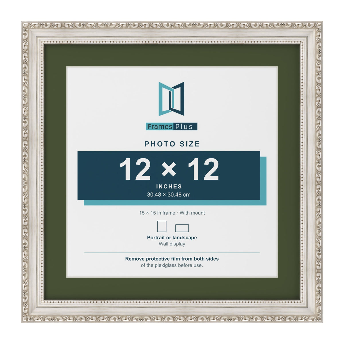 Louis Silver 15 x 15 inch picture frame with a green mount for a 12 x 12 inch photo