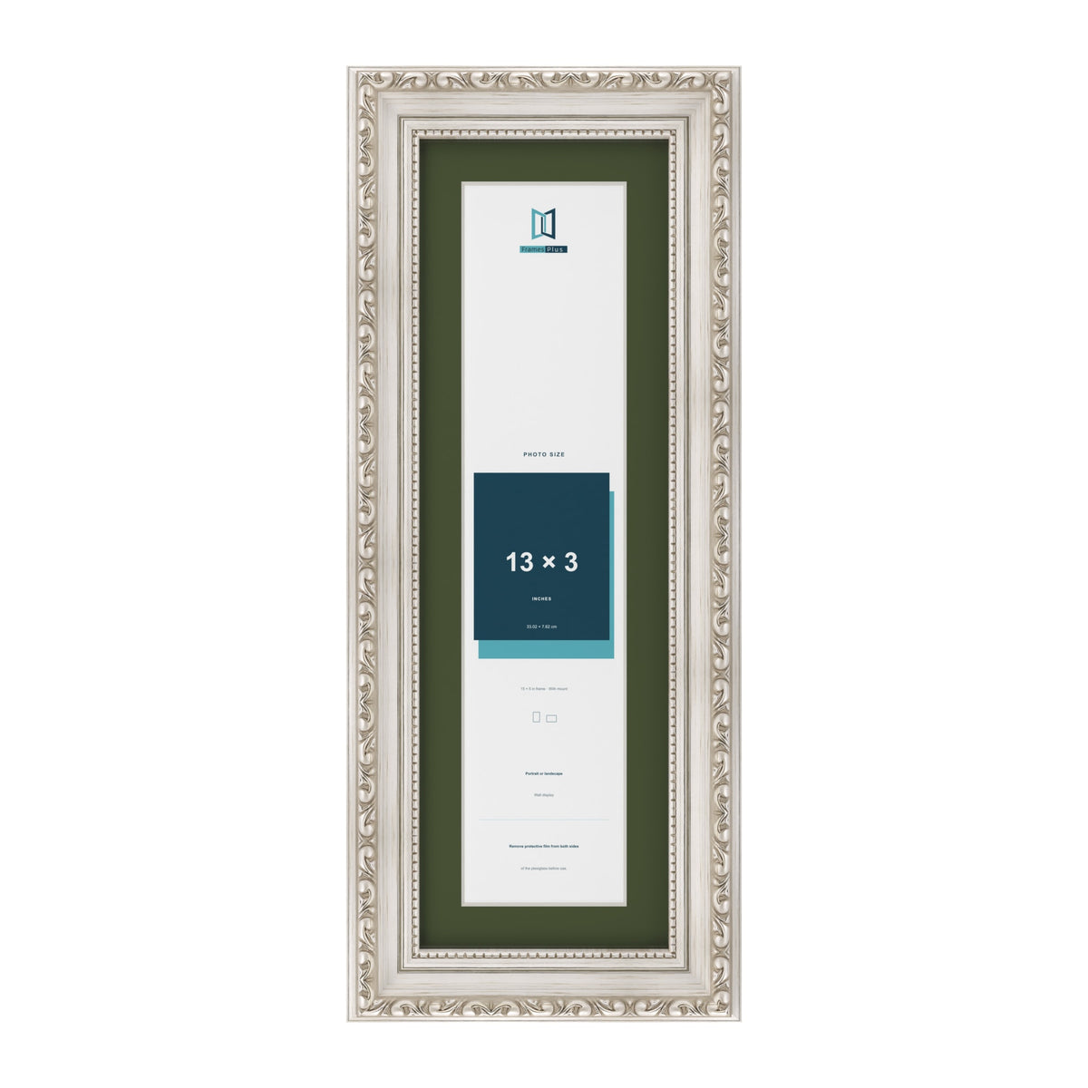 Louis Silver 15 x 5 inch picture frame with a green mount for a 13 x 3 inch photo