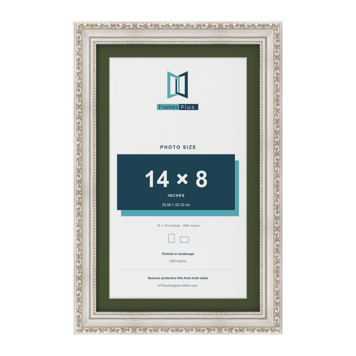 Louis Silver 16 x 10 inch picture frame with a green mount for a 14 x 8 inch photo