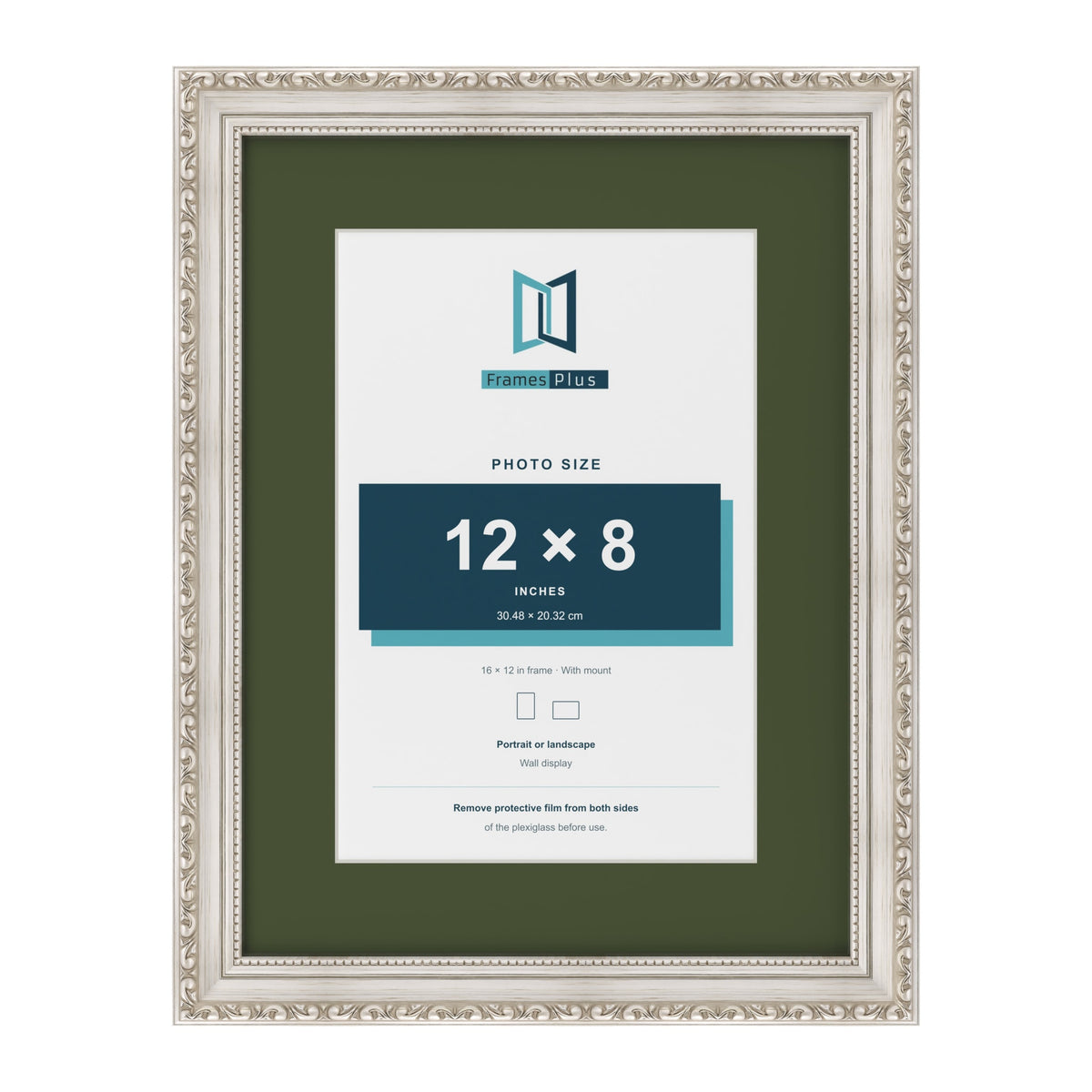 Louis Silver 16 x 12 inch picture frame with a green mount for a 12 x 8 inch photo