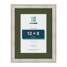 Louis Silver 16 x 12 inch picture frame with a green mount for a 12 x 8 inch photo