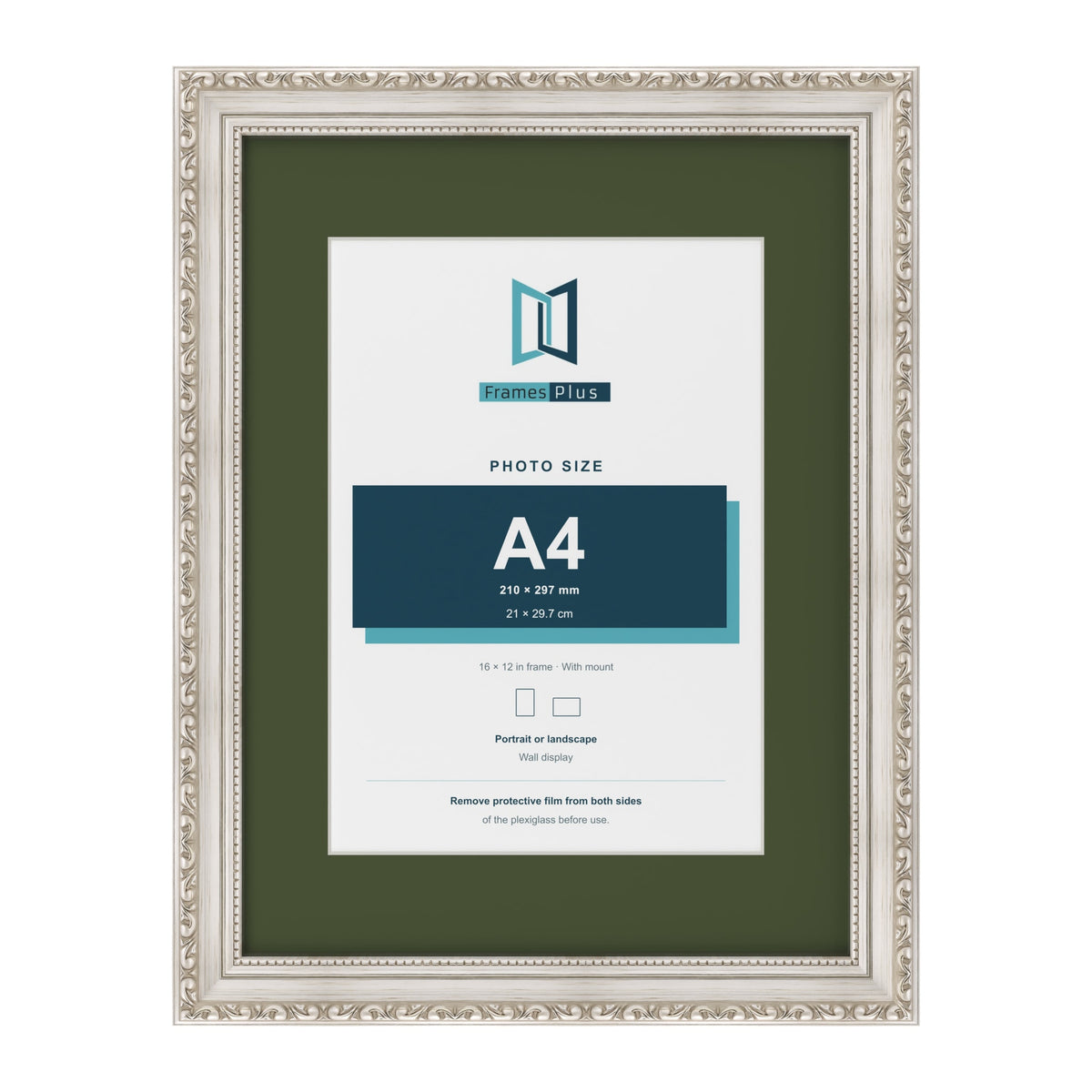 Louis Silver 16 x 12 inch picture frame with a green mount for an A4 photo