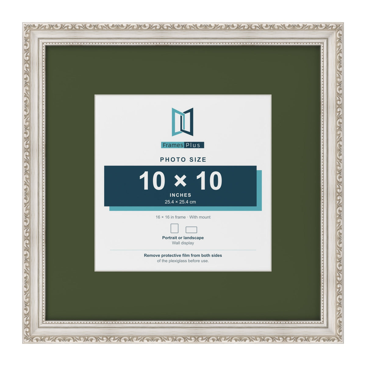 Louis Silver 16 x 16 inch picture frame with a green mount for a 10 x 10 inch photo