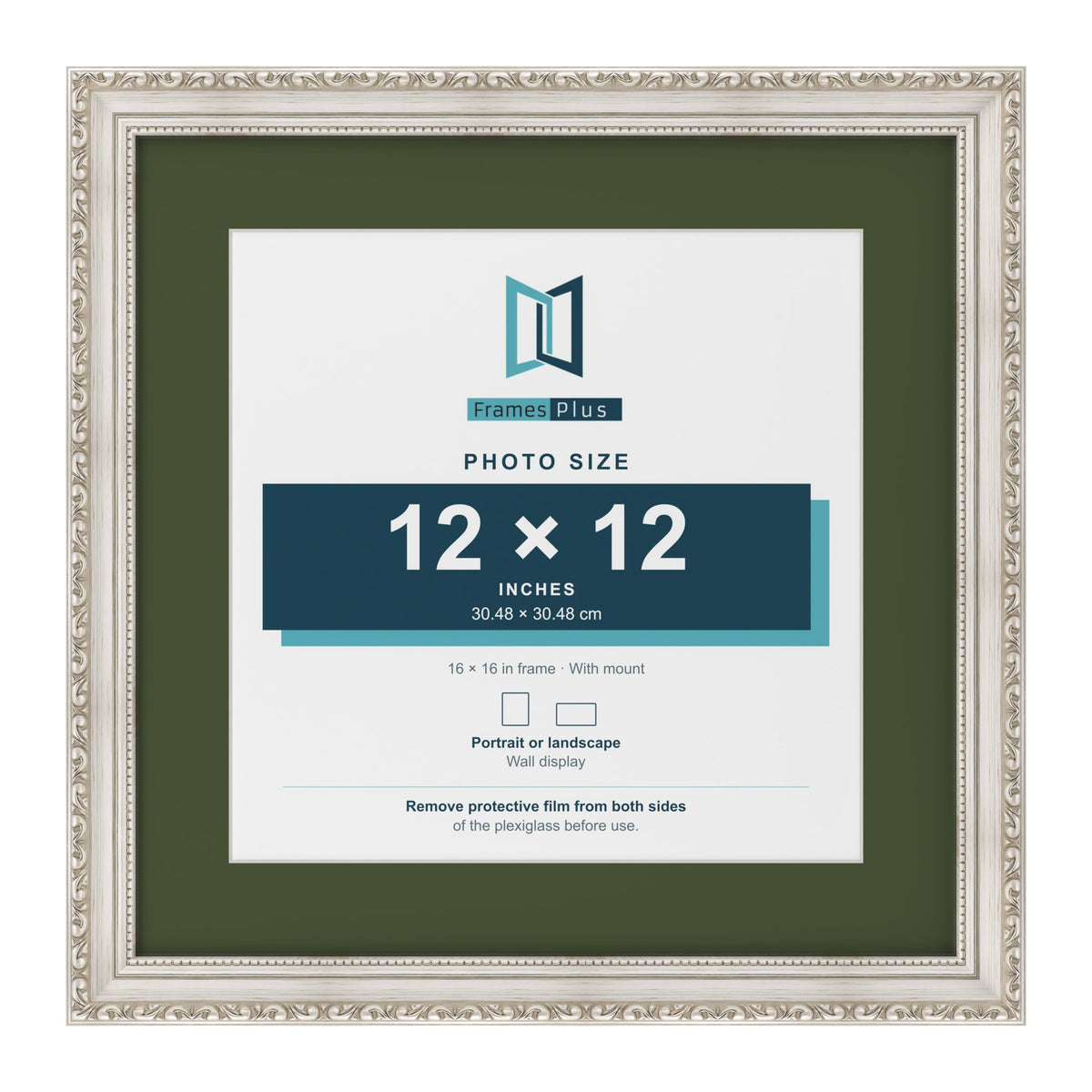 Louis Silver 16 x 16 inch picture frame with a green mount for a 12 x 12 inch photo