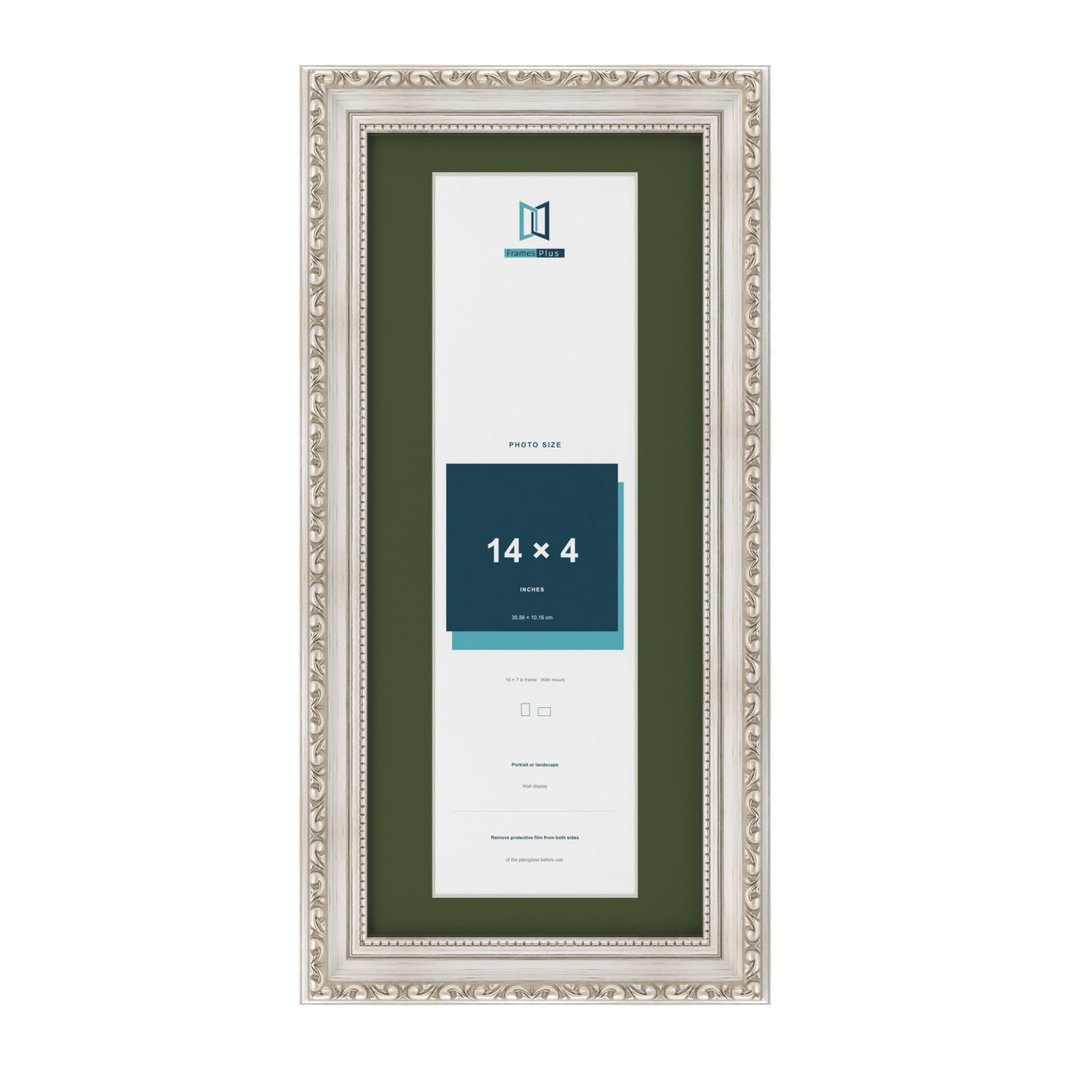Louis Silver 16 x 7 inch picture frame with a green mount for a 14 x 4 inch photo