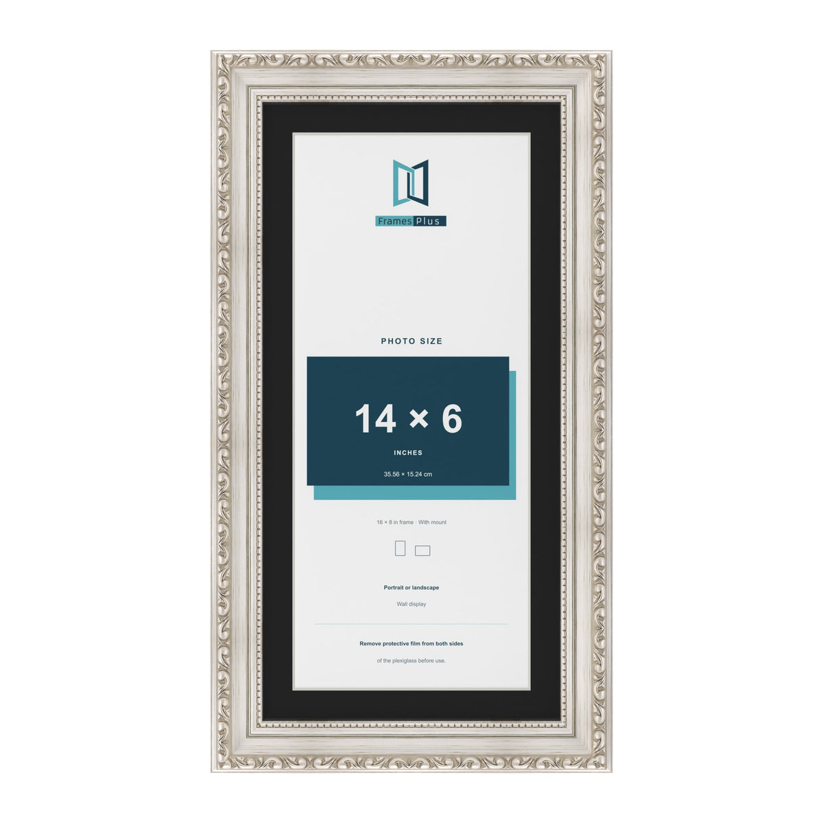 Louis Silver 16 x 8 inch picture frame with a black mount for a 14 x 6 inch photo