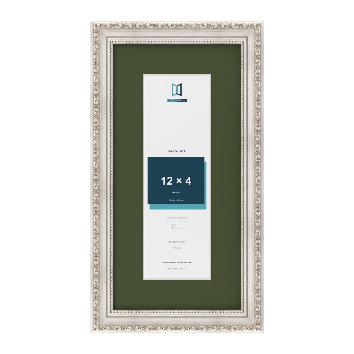 Louis Silver 16 x 8 inch picture frame with a green mount for a 12 x 4 inch photo