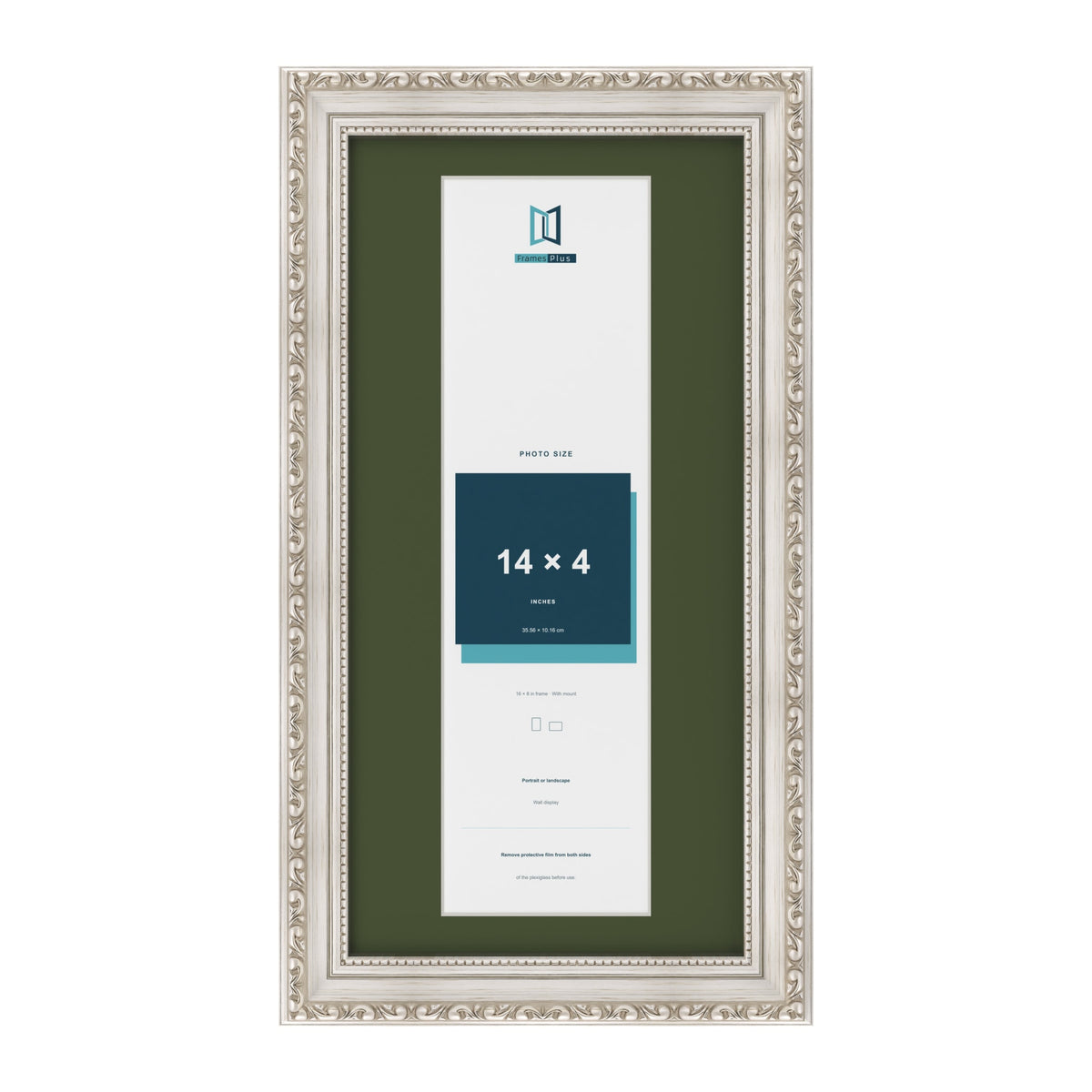 Louis Silver 16 x 8 inch picture frame with a green mount for a 14 x 4 inch photo