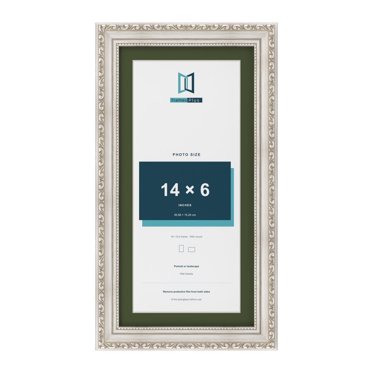 Louis Silver 16 x 8 inch picture frame with a green mount for a 14 x 6 inch photo