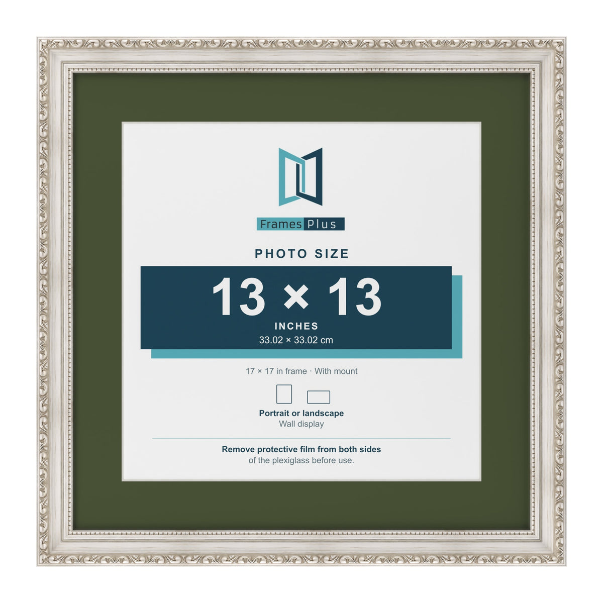 Louis Silver 17 x 17 inch picture frame with a green mount for a 13 x 13 inch photo