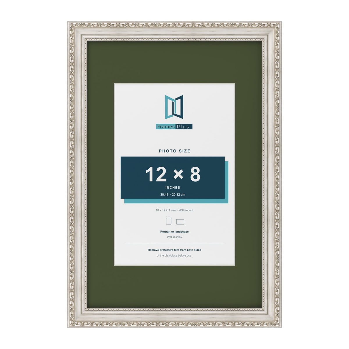 Louis Silver 18 x 12 inch picture frame with a green mount for a 12 x 8 inch photo