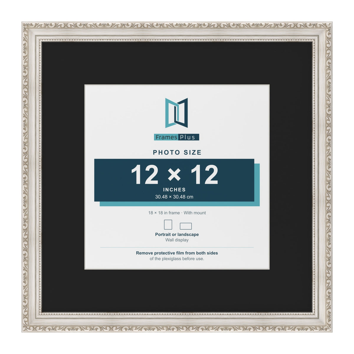 Louis Silver 18 x 18 inch picture frame with a black mount for a 12 x 12 inch photo