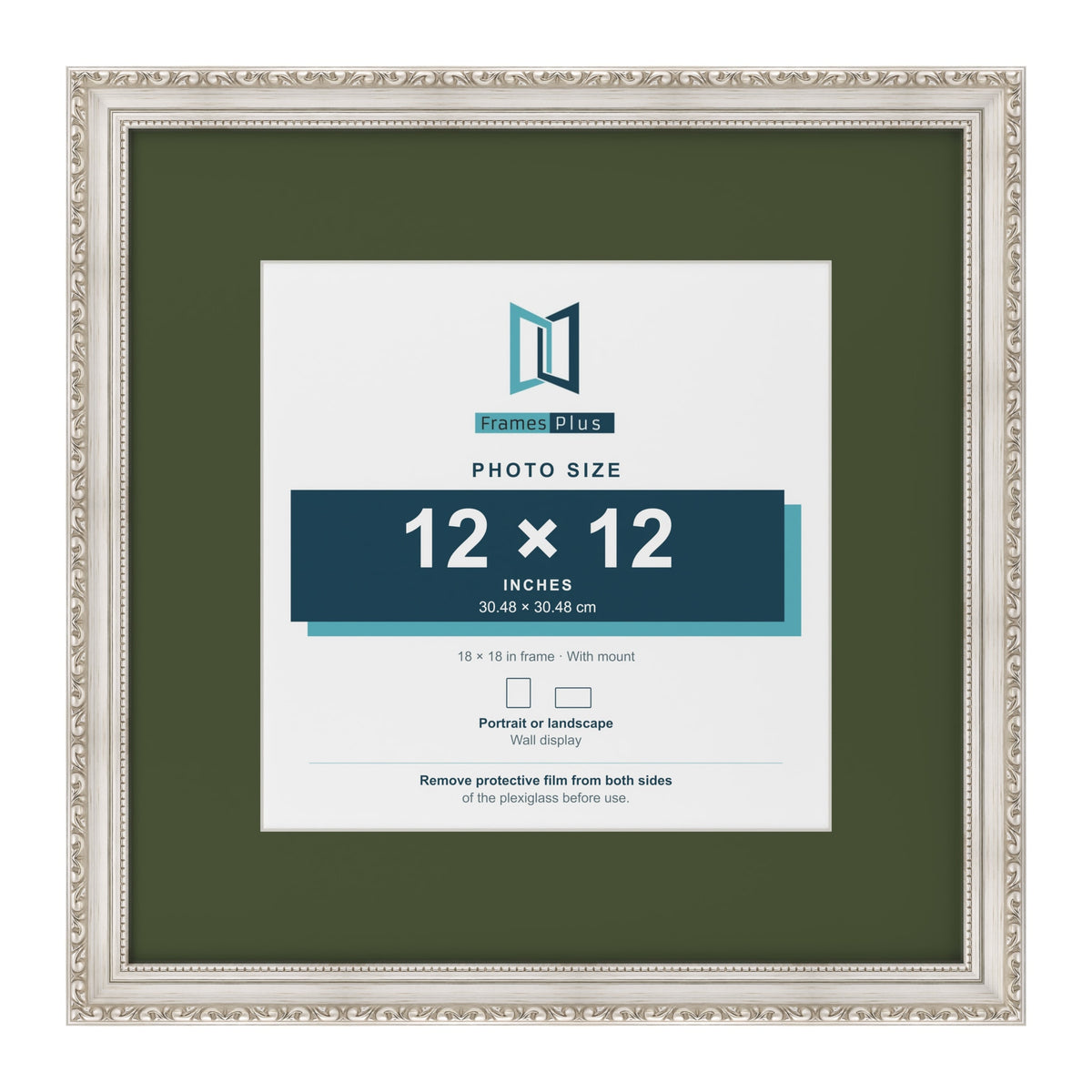 Louis Silver 18 x 18 inch picture frame with a green mount for a 12 x 12 inch photo