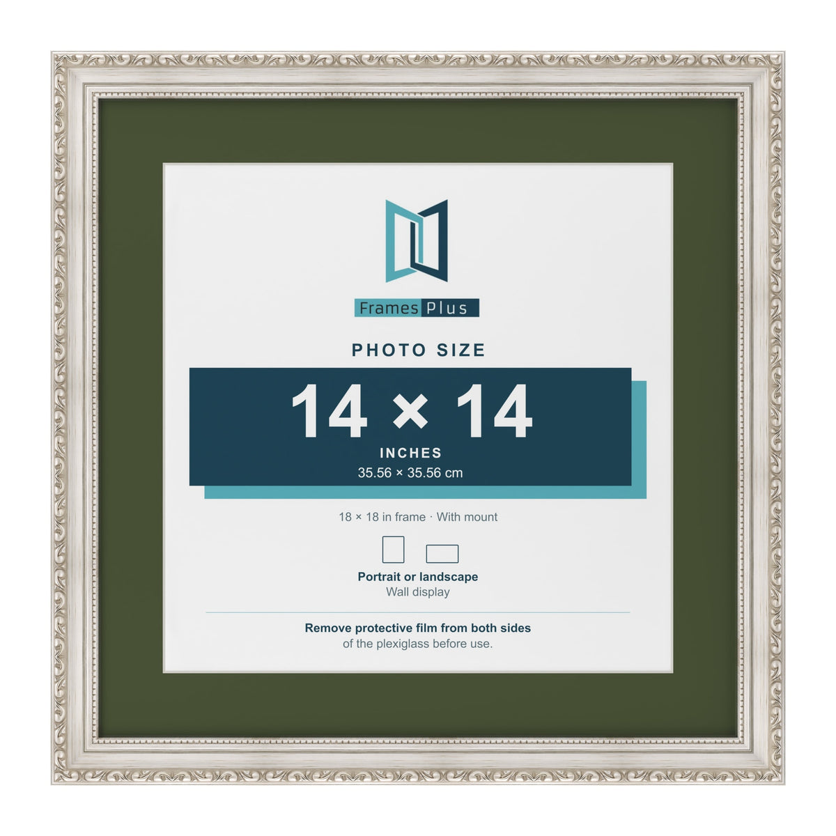 Louis Silver 18 x 18 inch picture frame with a green mount for a 14 x 14 inch photo