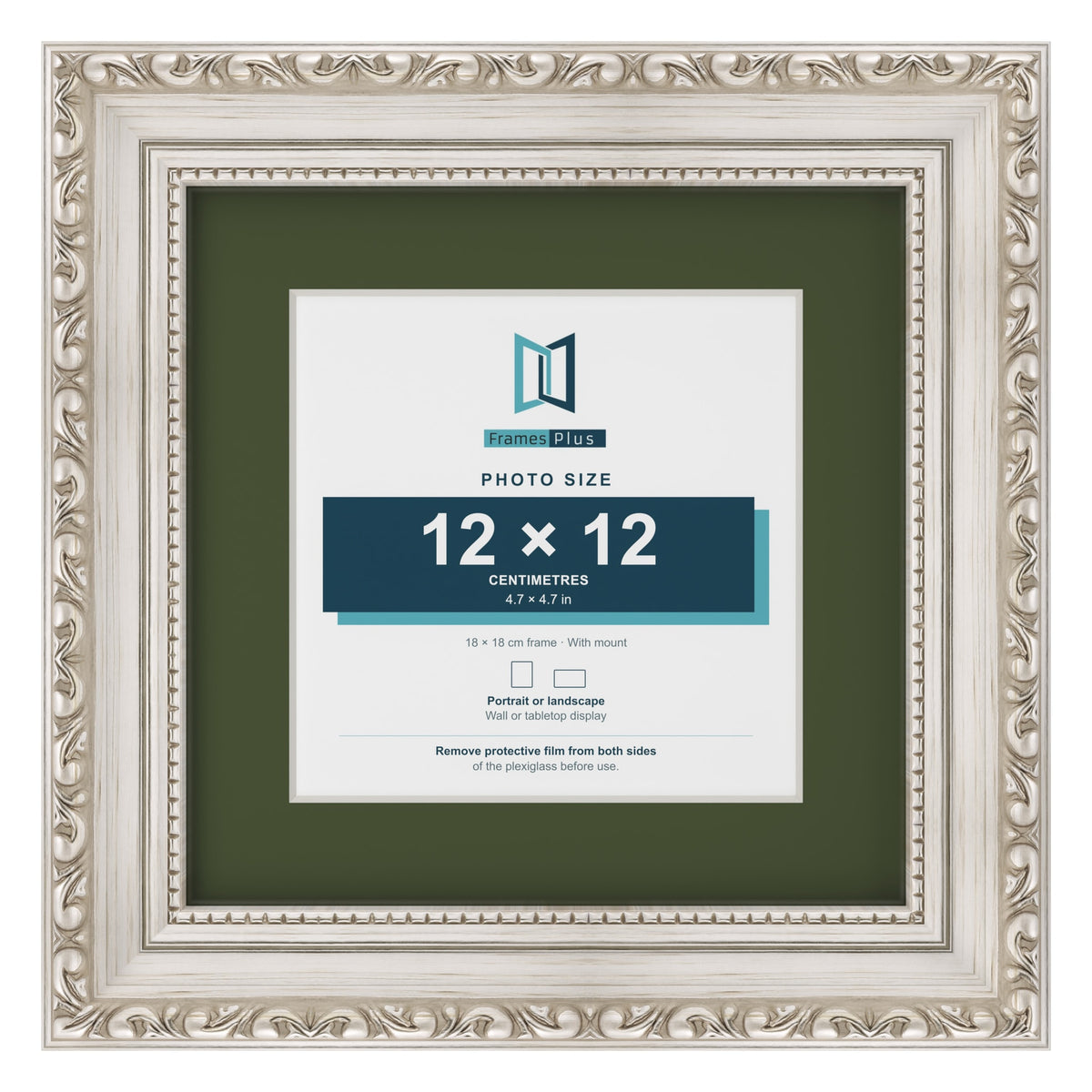 Louis Silver 18 x 18 cm picture frame with a green mount for a 12 x 12 cm photo