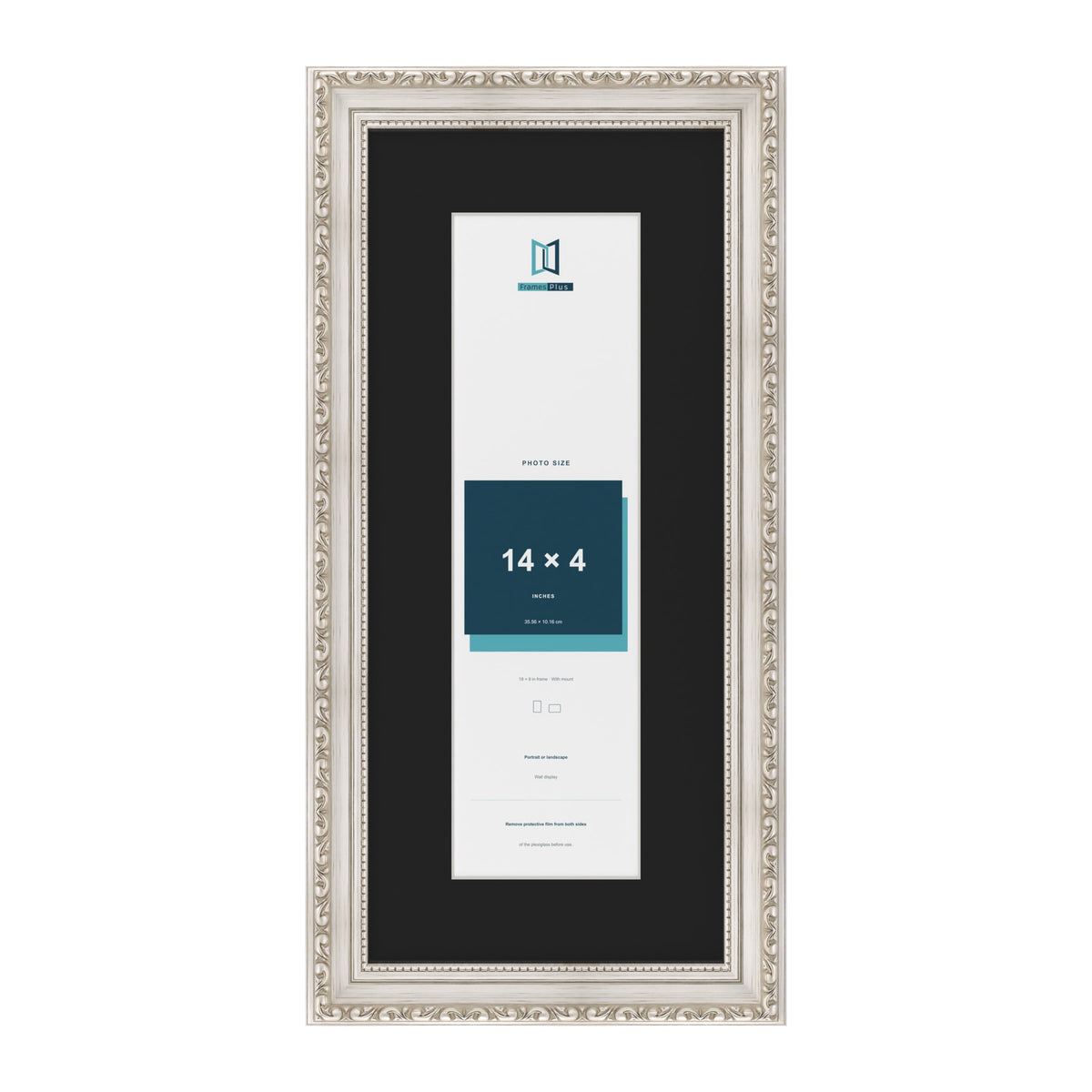 Louis Silver 18 x 8 inch picture frame with a black mount for a 14 x 4 inch photo