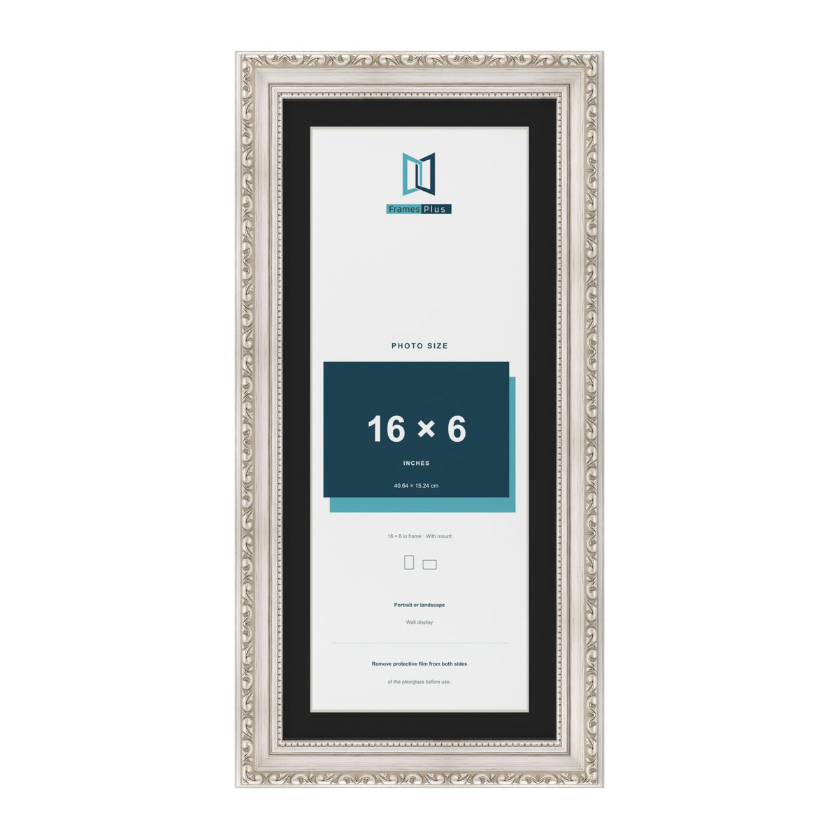 Louis Silver 18 x 8 inch picture frame with a black mount for a 16 x 6 inch photo
