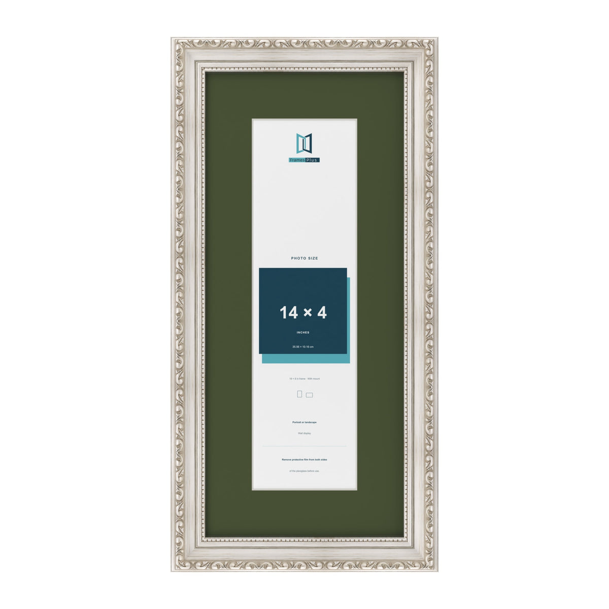 Louis Silver 18 x 8 inch picture frame with a green mount for a 14 x 4 inch photo