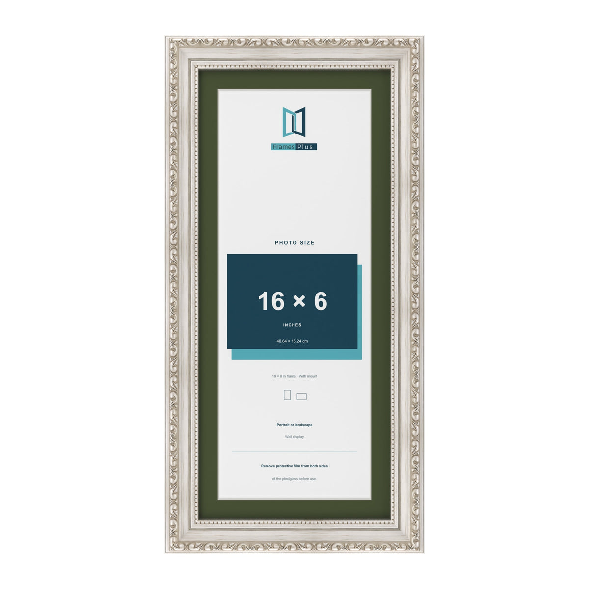Louis Silver 18 x 8 inch picture frame with a green mount for a 16 x 6 inch photo