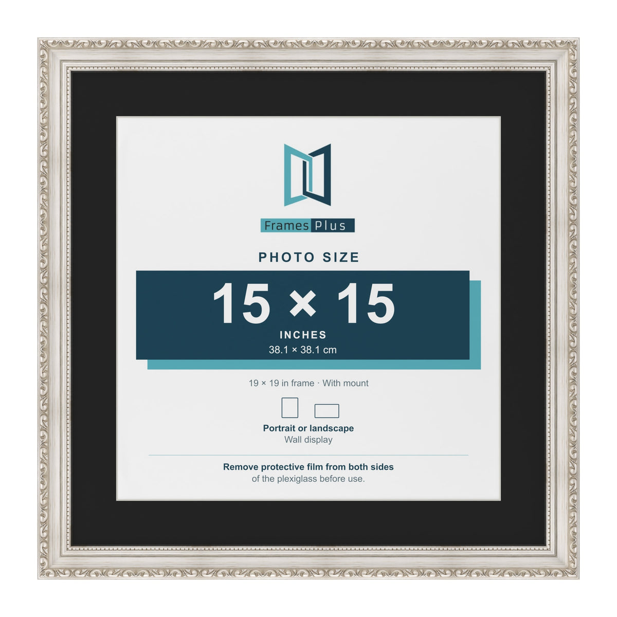 Louis Silver 19 x 19 inch picture frame with a black mount for a 15 x 15 inch photo