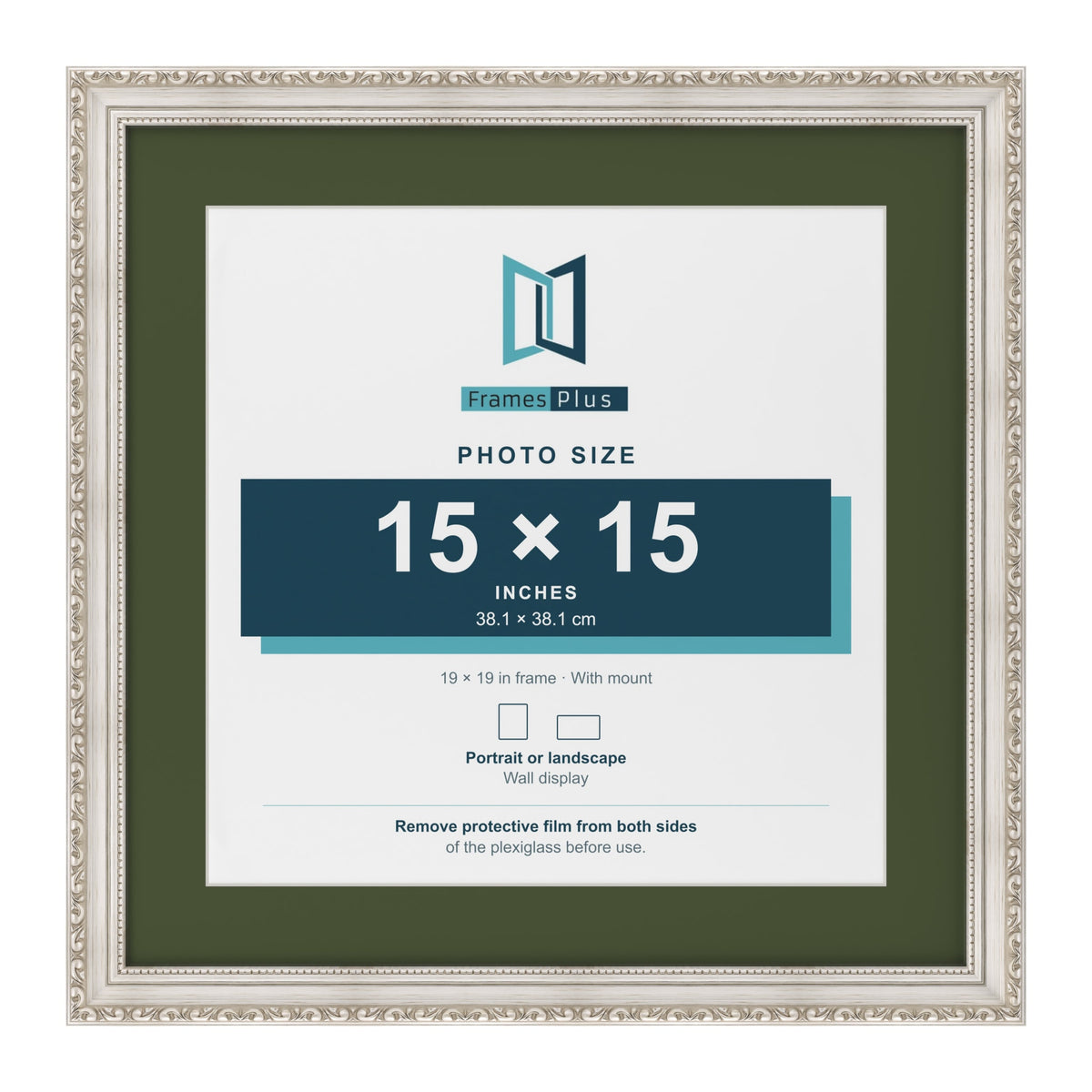 Louis Silver 19 x 19 inch picture frame with a green mount for a 15 x 15 inch photo