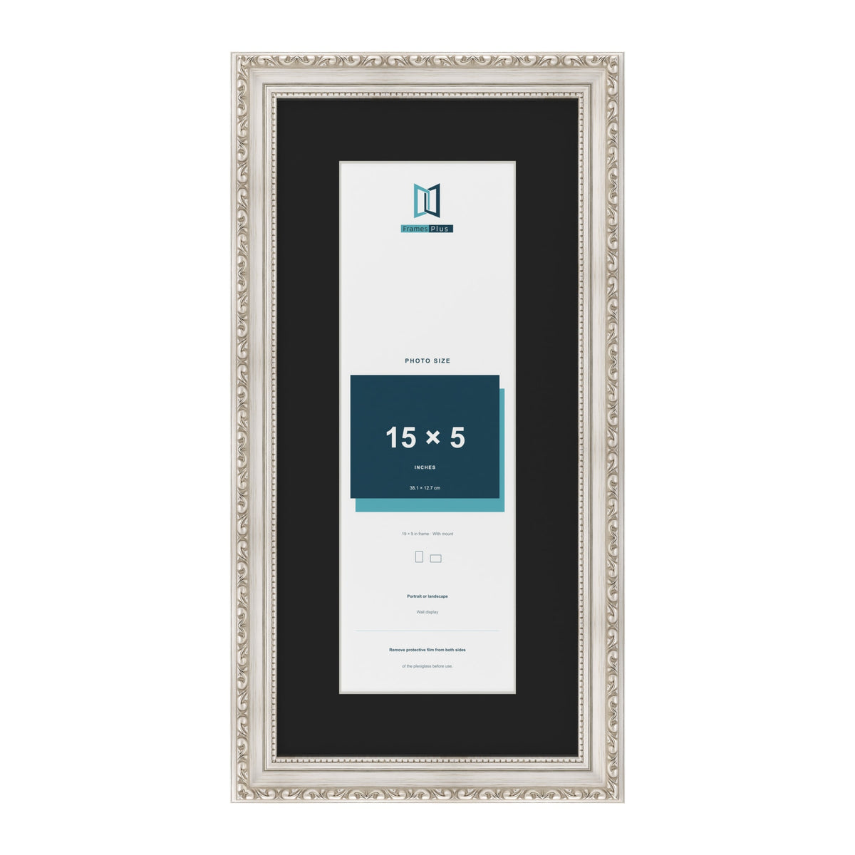 Louis Silver 19 x 9 inch picture frame with a black mount for a 15 x 5 inch photo