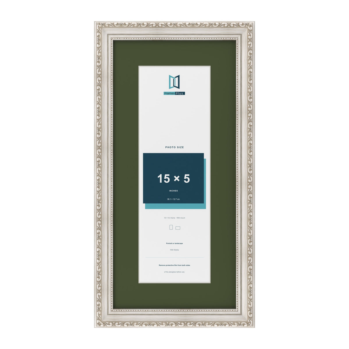 Louis Silver 19 x 9 inch picture frame with a green mount for a 15 x 5 inch photo