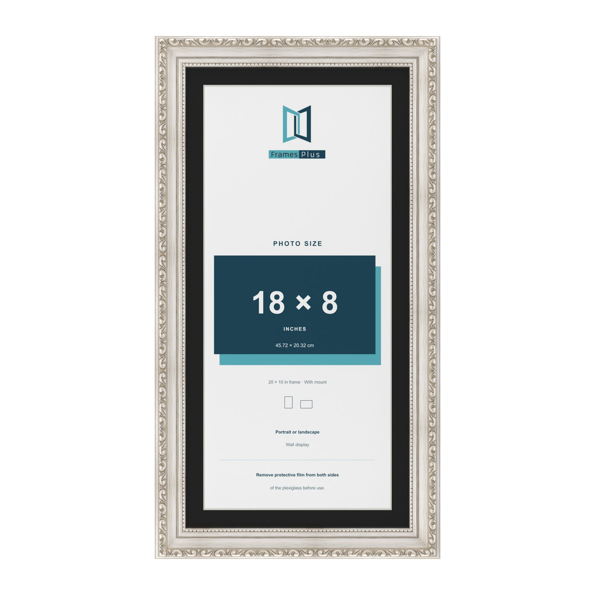 Louis Silver 20 x 10 inch picture frame with a black mount for an 18 x 8 inch photo