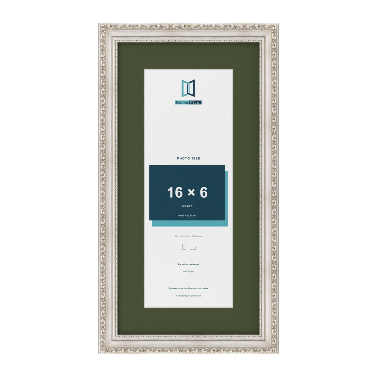 Louis Silver 20 x 10 inch picture frame with a green mount for a 16 x 6 inch photo