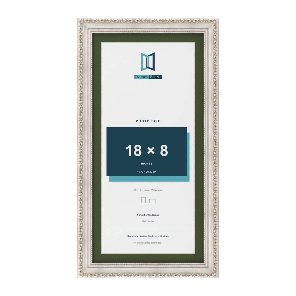 Louis Silver 20 x 10 inch picture frame with a green mount for an 18 x 8 inch photo