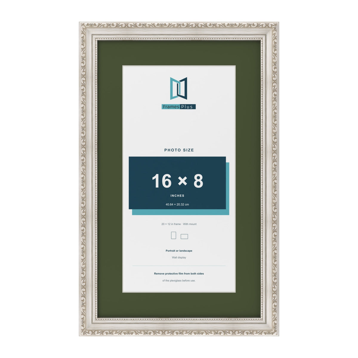 Louis Silver 20 x 12 inch picture frame with a green mount for a 16 x 8 inch photo