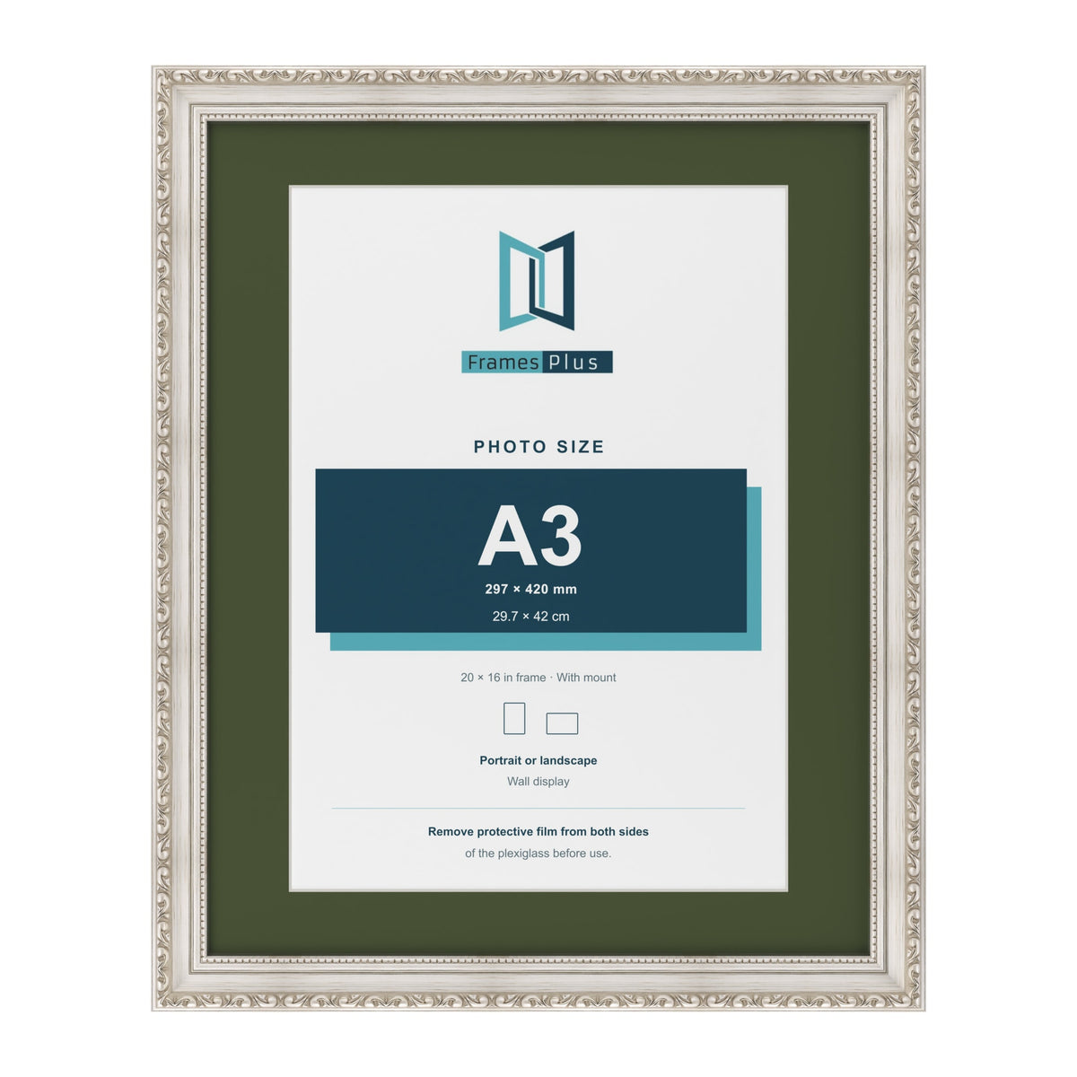 Louis Silver 20 x 16 inch picture frame with a green mount for an A3 photo