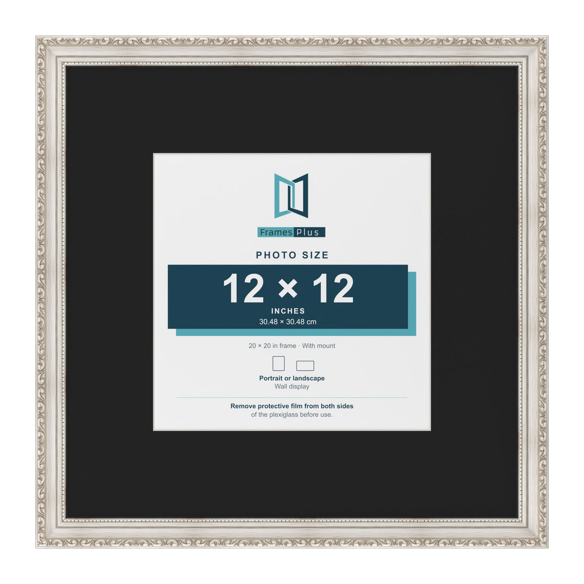 Louis Silver 20 x 20 inch picture frame with a black mount for a 12 x 12 inch photo