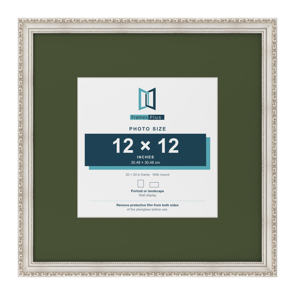 Louis Silver 20 x 20 inch picture frame with a green mount for a 12 x 12 inch photo