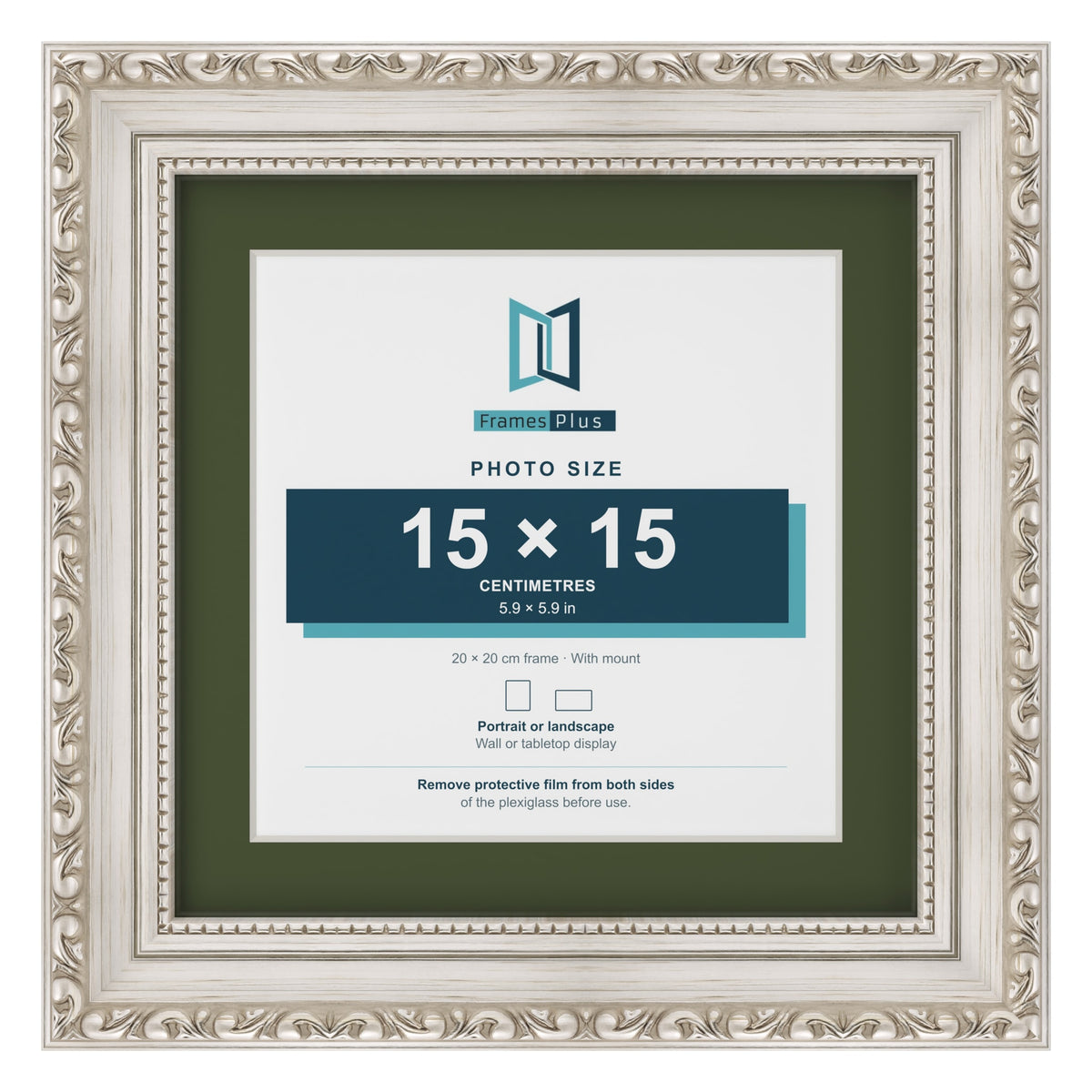 Louis Silver 20 x 20 cm picture frame with a green mount for a 15 x 15 cm photo