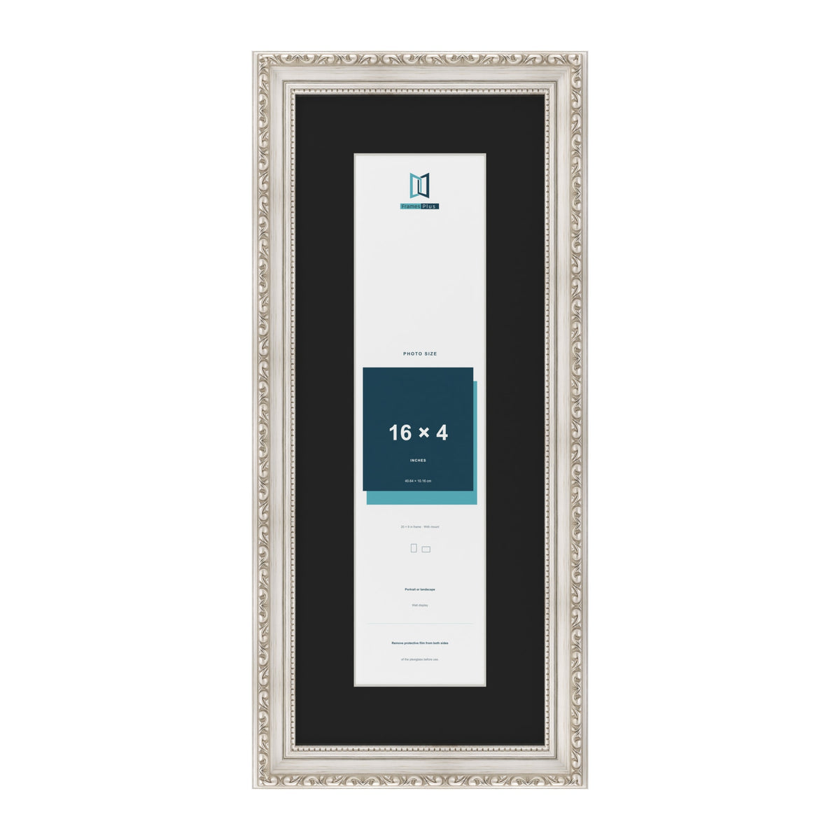 Louis Silver 20 x 8 inch picture frame with a black mount for a 16 x 4 inch photo