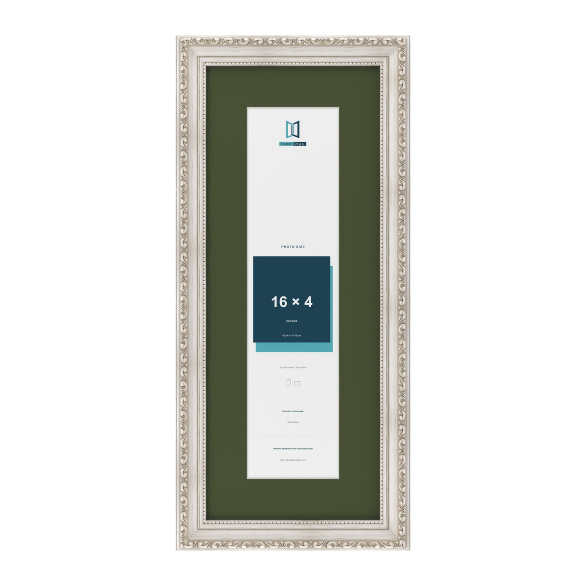 Louis Silver 20 x 8 inch picture frame with a green mount for a 16 x 4 inch photo