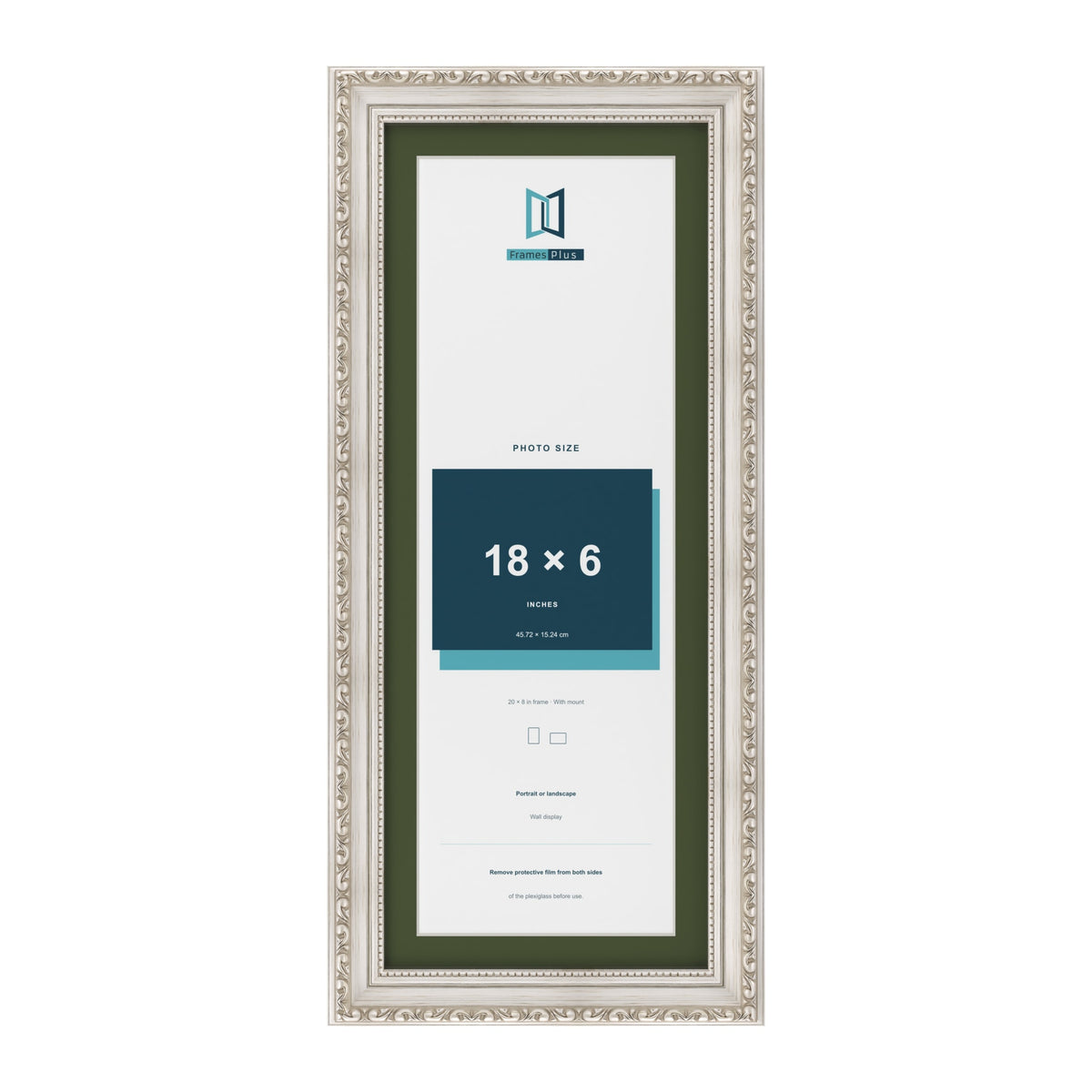 Louis Silver 20 x 8 inch picture frame with a green mount for an 18 x 6 inch photo