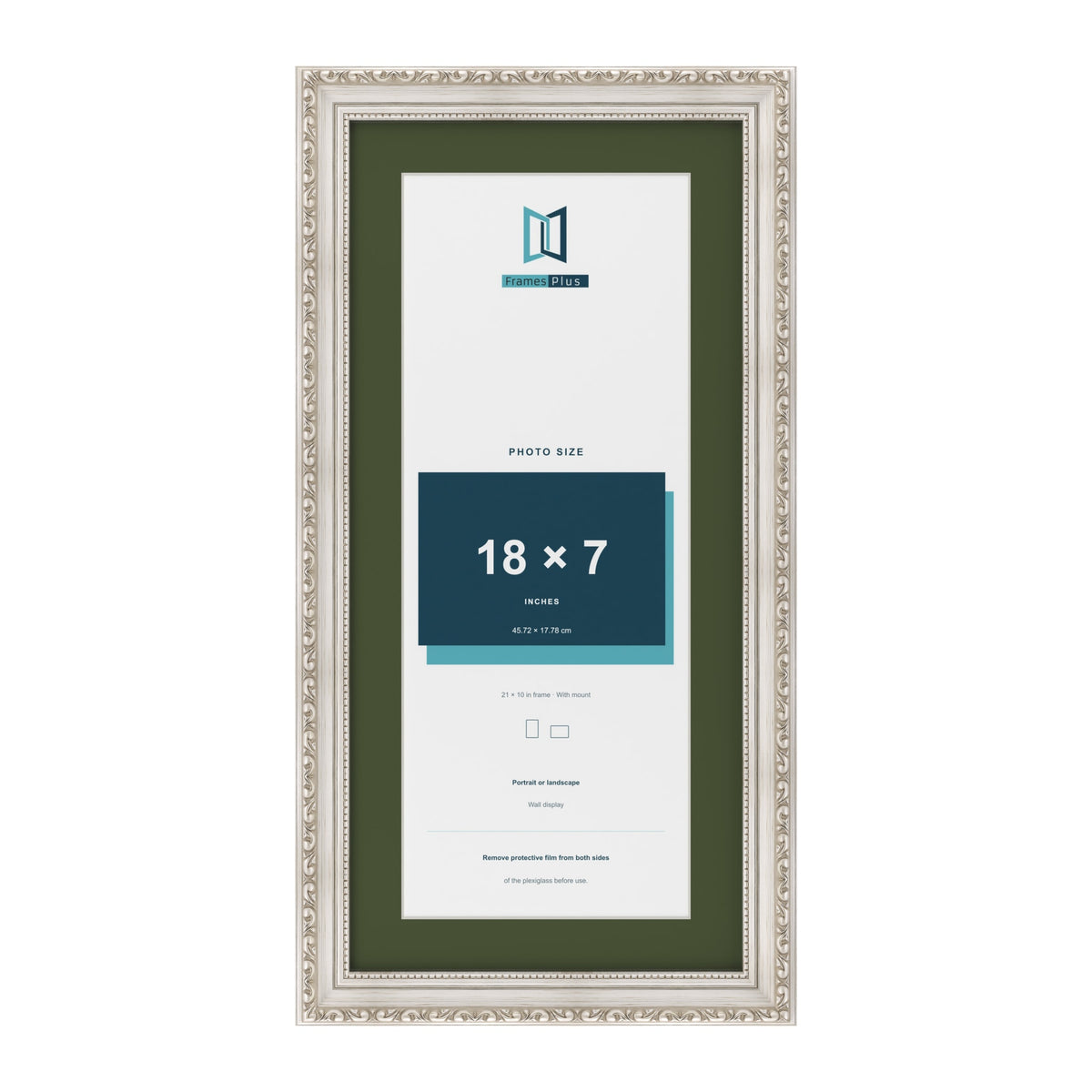 Louis Silver 21 x 10 inch picture frame with a green mount for an 18 x 7 inch photo