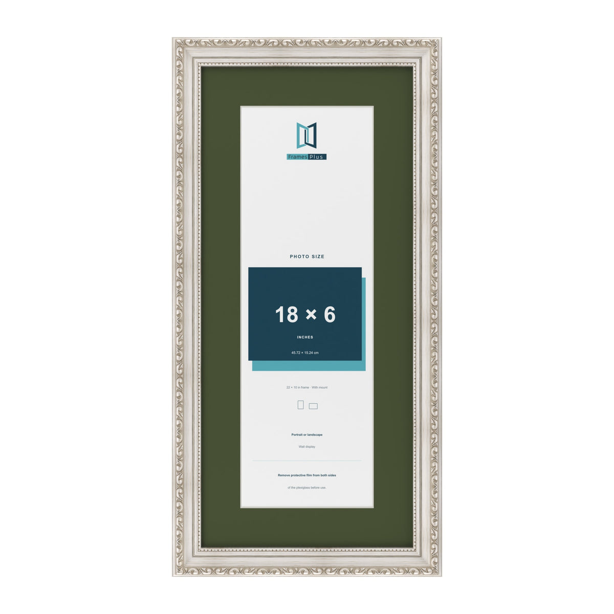 Louis Silver 22 x 10 inch picture frame with a green mount for an 18 x 6 inch photo