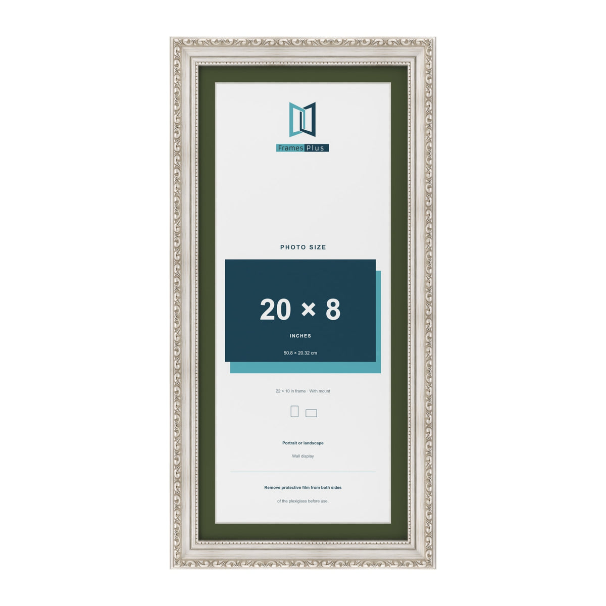 Louis Silver 22 x 10 inch picture frame with a green mount for a 20 x 8 inch photo