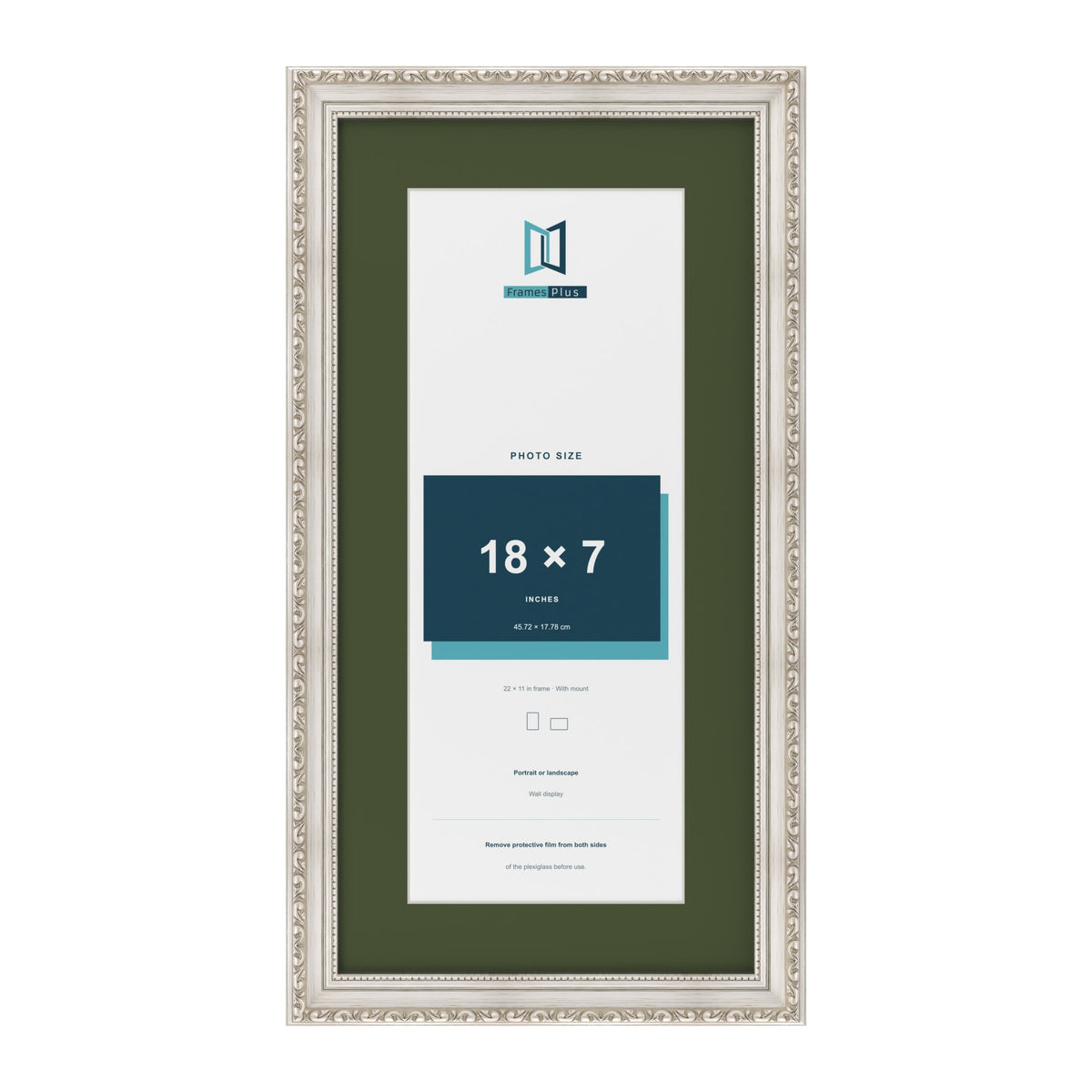 Louis Silver 22 x 11 inch picture frame with a green mount for an 18 x 7 inch photo