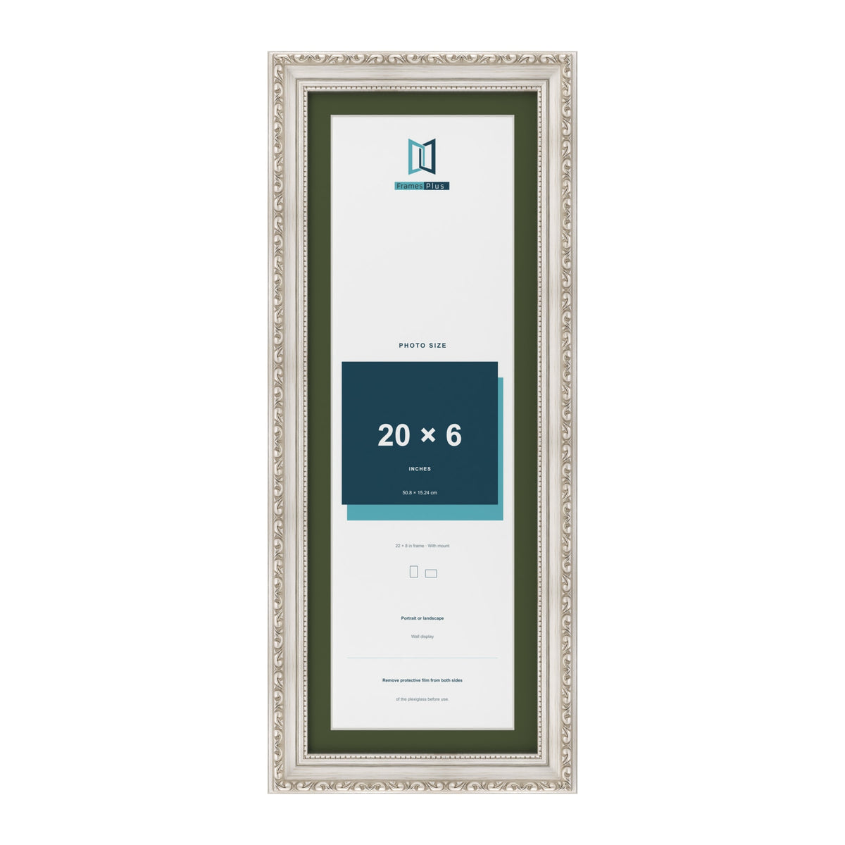 Louis Silver 22 x 8 inch picture frame with a green mount for a 20 x 6 inch photo