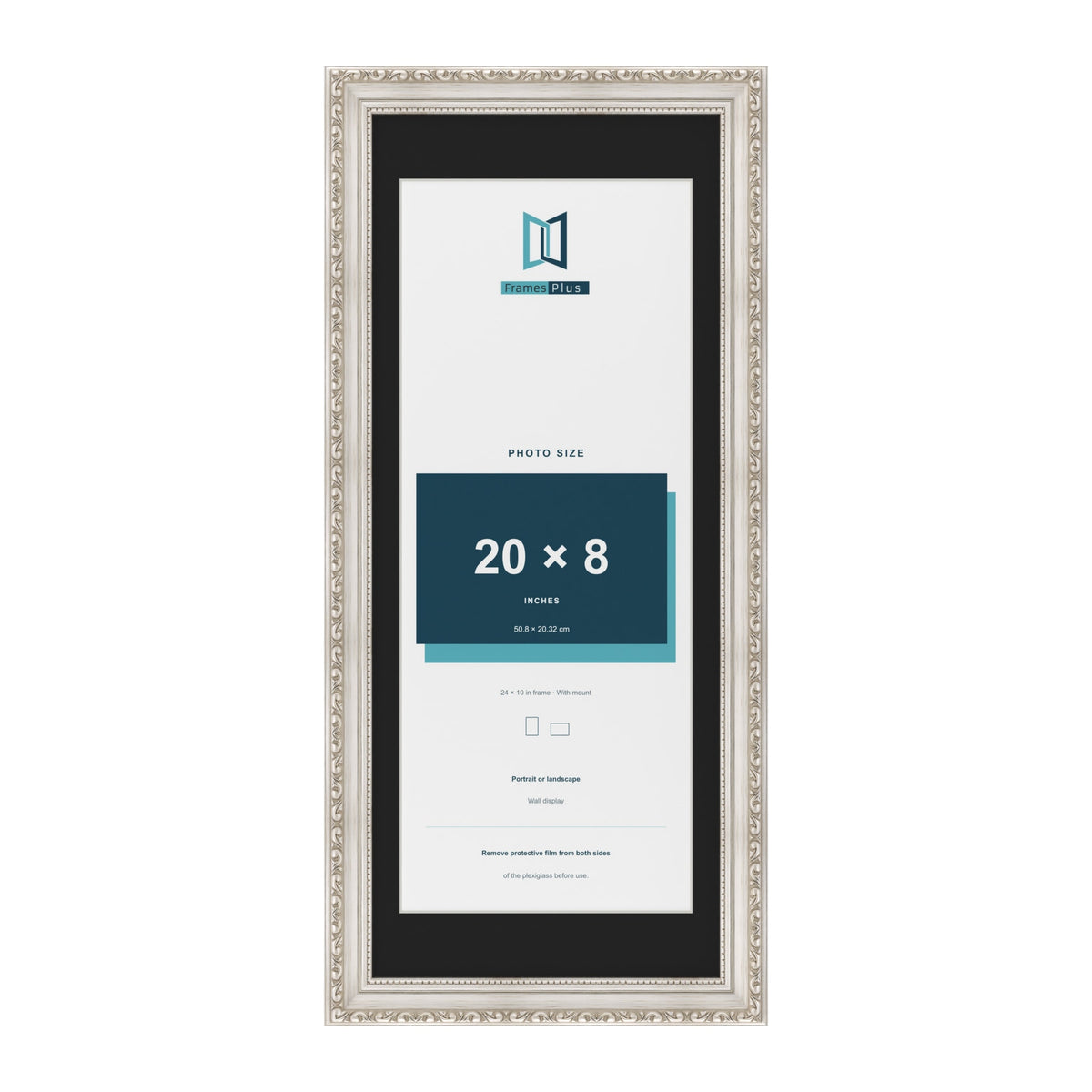 Louis Silver 24 x 10 inch picture frame with a black mount for a 20 x 8 inch photo