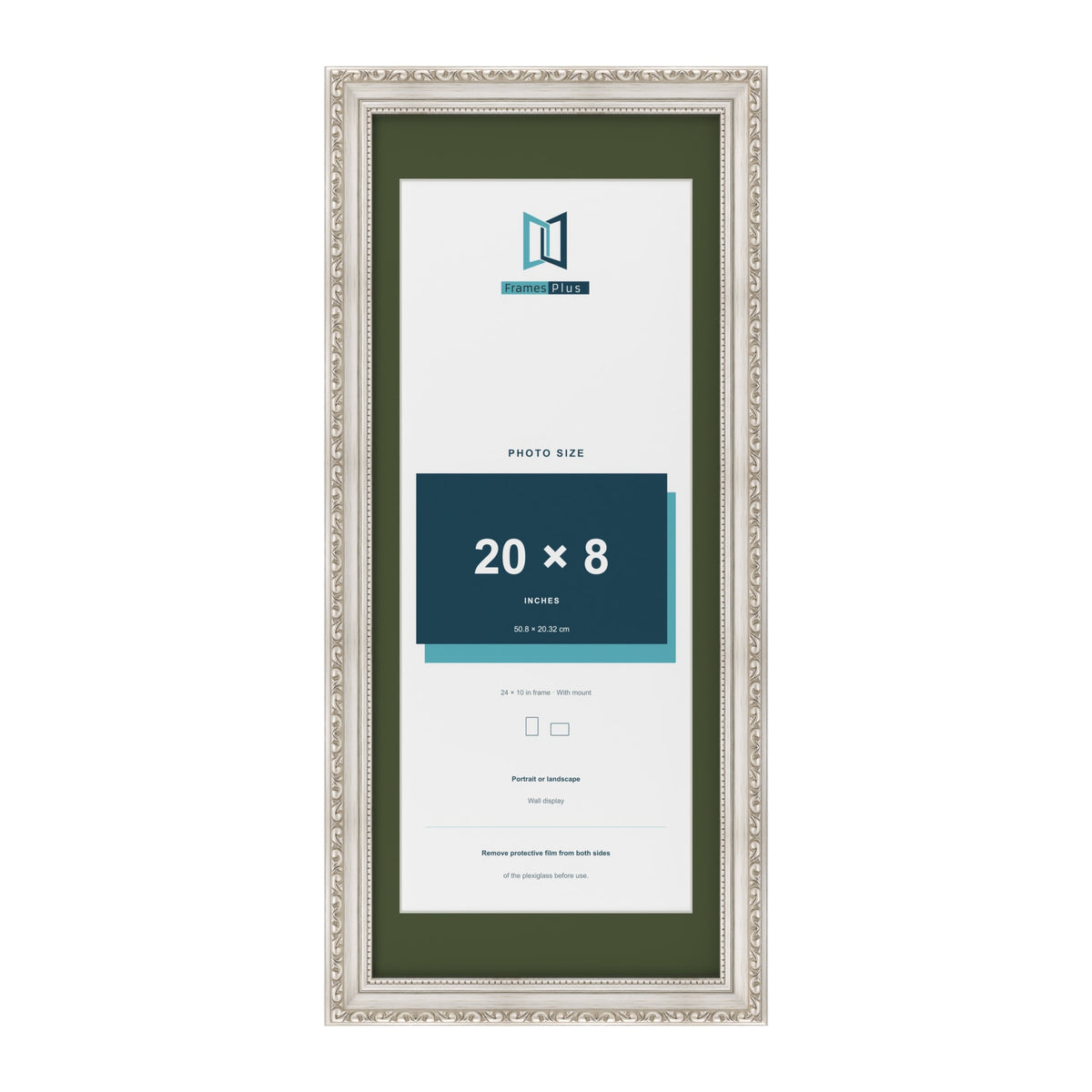 Louis Silver 24 x 10 inch picture frame with a green mount for a 20 x 8 inch photo