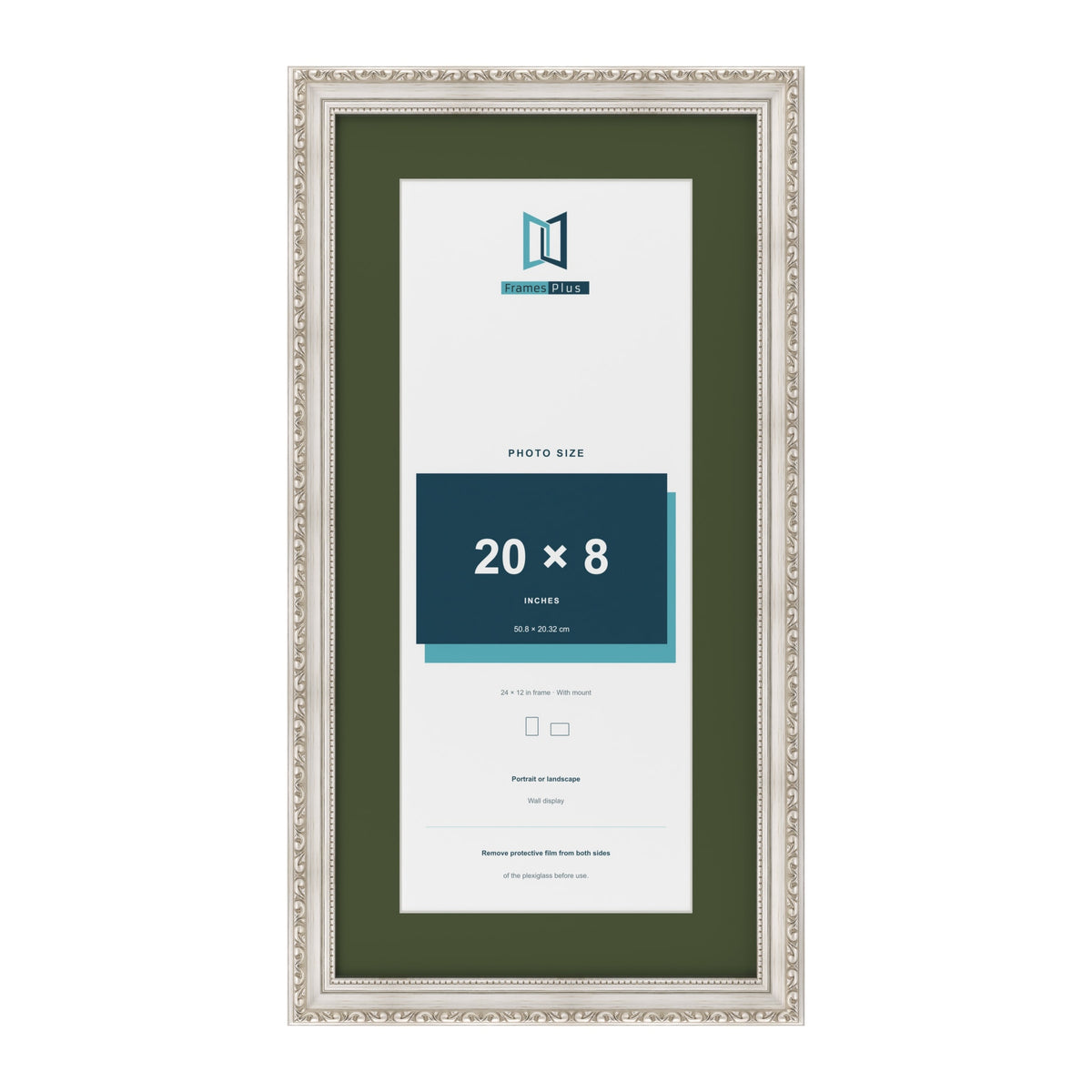 Louis Silver 24 x 12 inch picture frame with a green mount for a 20 x 8 inch photo