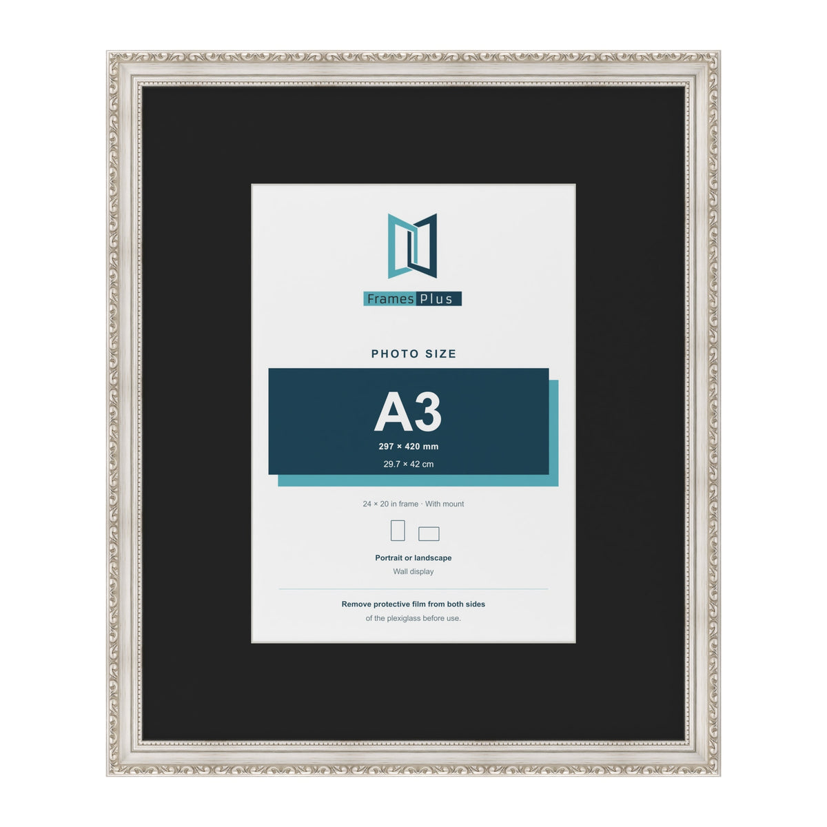 Louis Silver 24 x 20 inch picture frame with a black mount for an A3 photo