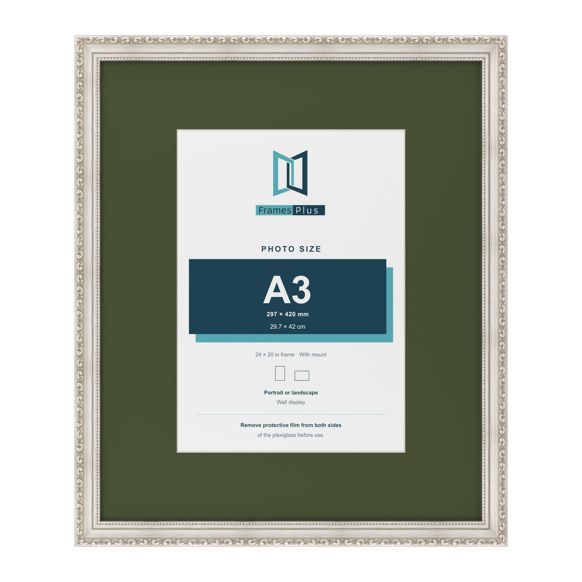Louis Silver 24 x 20 inch picture frame with a green mount for an A3 photo